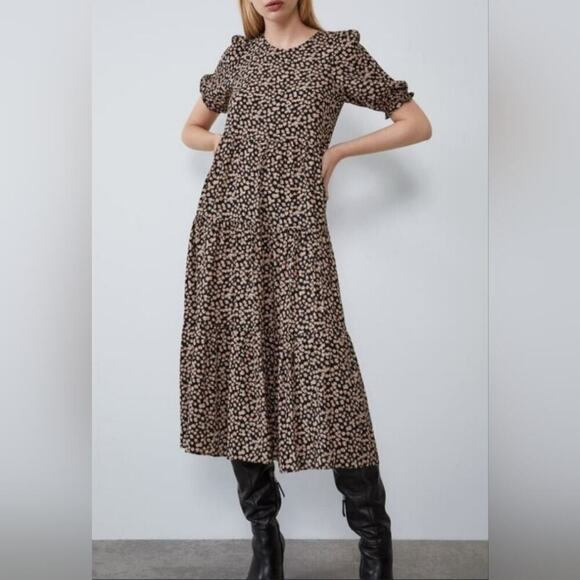 Zara Floral Tiered Prairie Dress w/Pockets Size XS - Picture 4 of 8